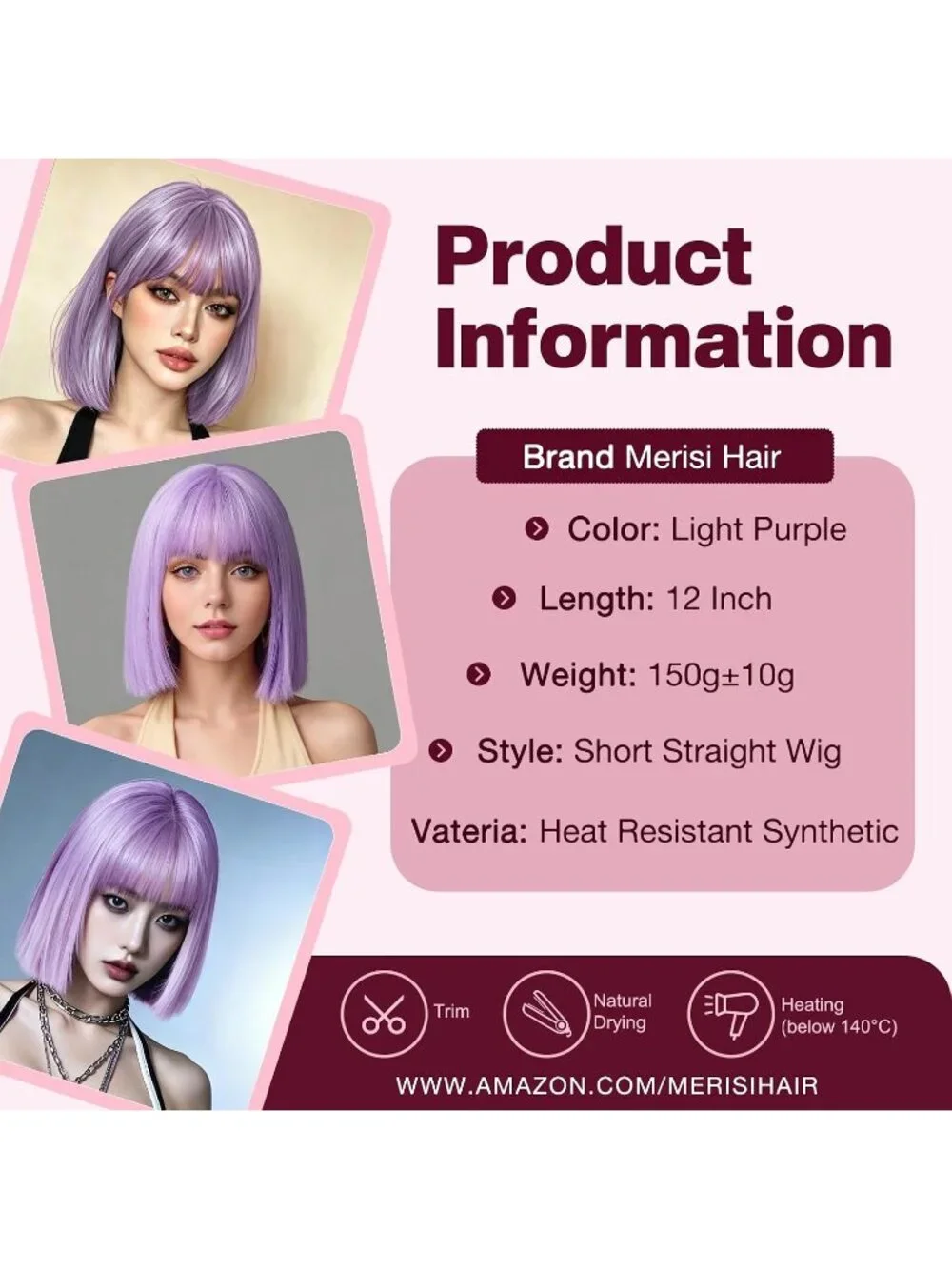 Women's Light Purple 11 Inch Heat Resistant Synthetic Short Straight Wigs Bangs